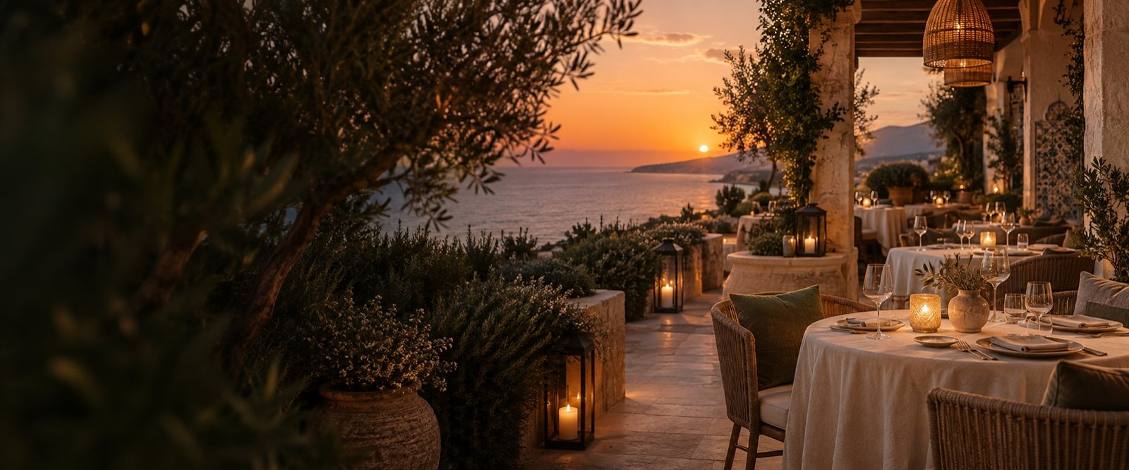 NUMA Marbella concept: an elegant Mediterranean dining terrace at sunset